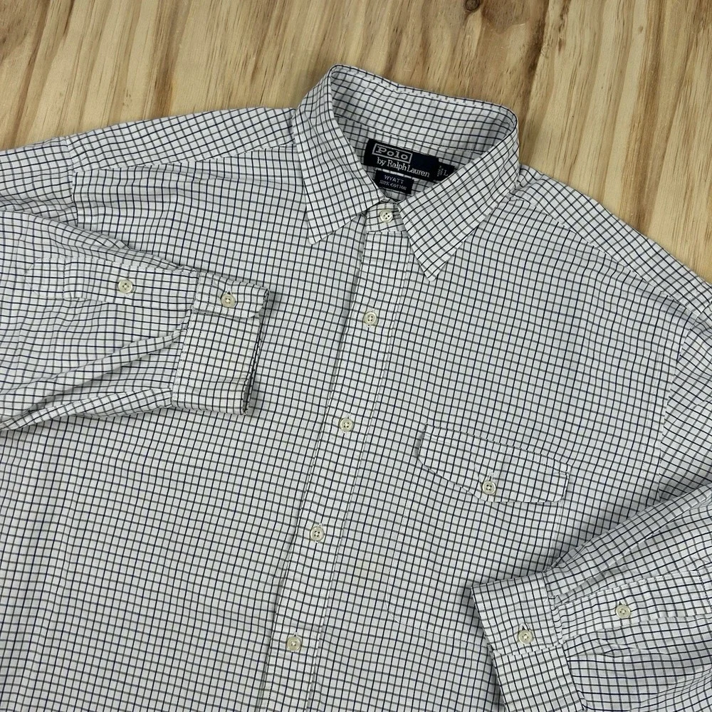 Polo Ralph Lauren Men's Large White Wyatt Check Long Sleeve Button Shirt Pocket